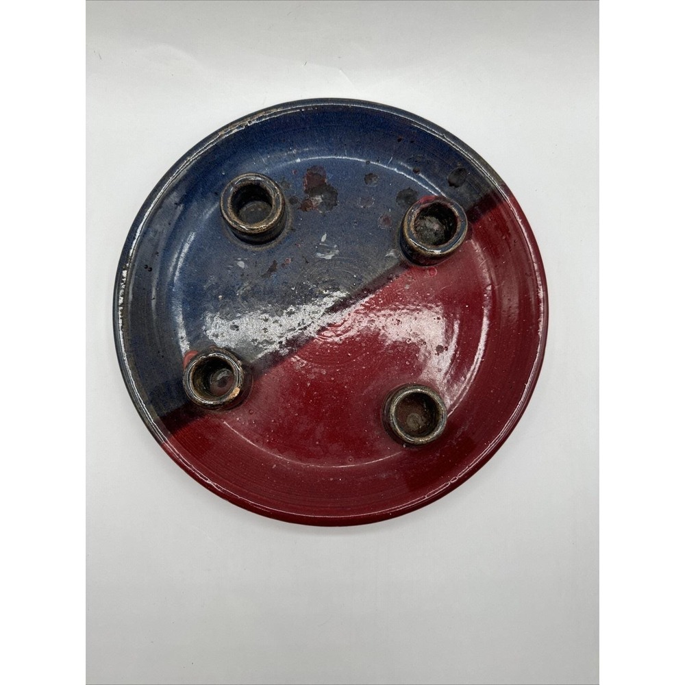 Peppertown Pottery Four Candle Holder Signed Riley 07-22-95 Mississippi Red Blue